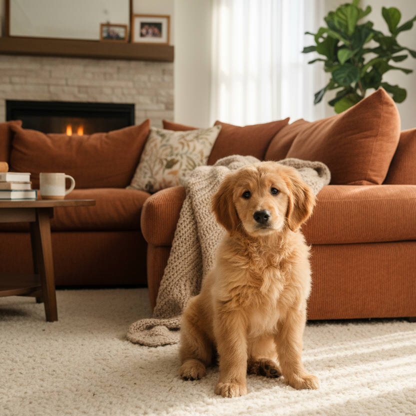 A TASAA-trained puppy practising calmness and focus at home as part of the online dog training course.